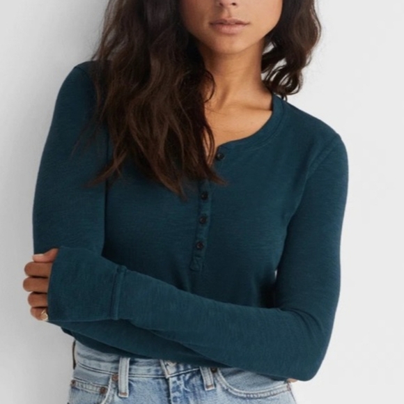 American Giant Henley Premium Slub  long Sleeve top Teal - Picture 2 of 7